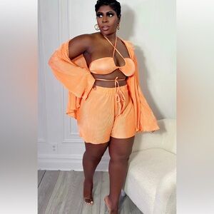 Coral 3 Piece Plisse Set - Belle Sleeve Top, Bikini Bra Top, & Shorts - Size L